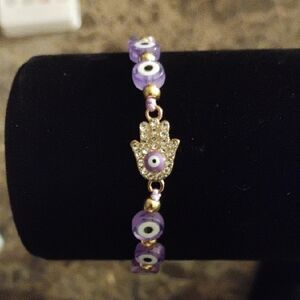 Purple Evil Eye Bracelet with Gold Hamsa Charm